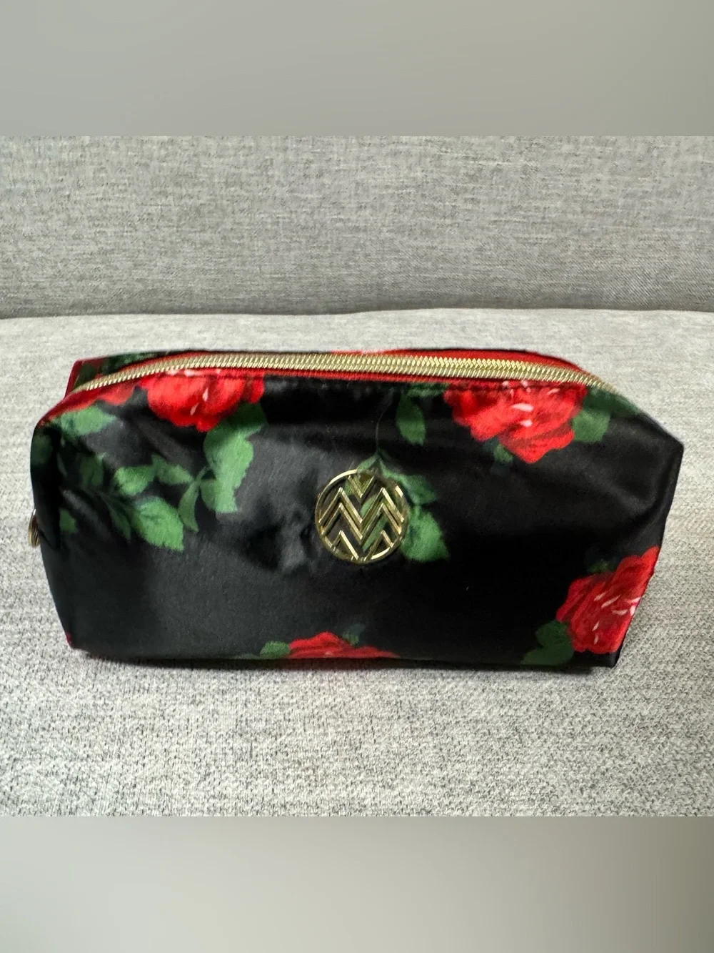 Floral Black and Red Cosmetic Pouch with Gold Accent